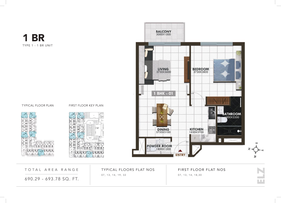 1-Bedroom-Type-1-1Br-Unit-690.29-693.78SqFt